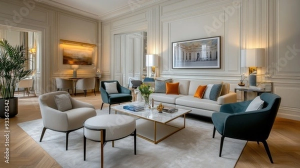 Fototapeta Classic French-style living room with elegant furniture, gold accents, and a sophisticated atmosphere