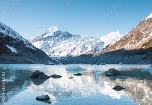 Fototapeta Reflection of mt Cook in Hooker Lake, Aoraki National Park, New