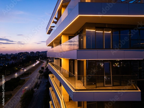 Fototapeta Aerial drone shot of a modern building facade illuminated by sleek LED lighting at dusk, capturing the contrast between the urban night skyline and contemporary architecture