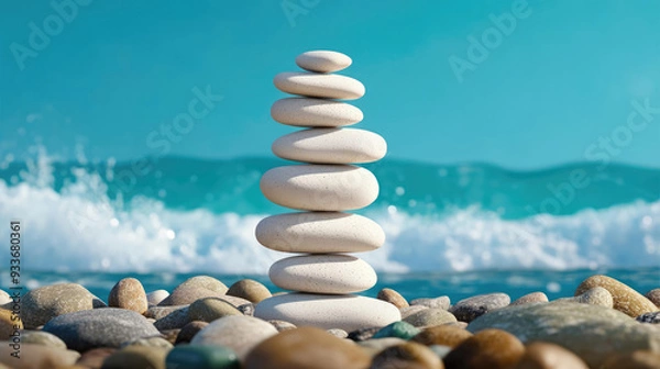 Fototapeta Stacked pebbles balanced precariously on a rocky beach with waves crashing in the background, pebbles, balance