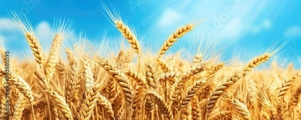 Fototapeta Rustling wheat field under a bright blue sky with gentle winds moving the stalks, wheat field, abundance