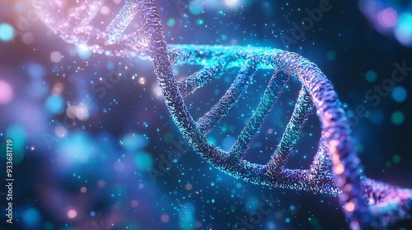 Fototapeta A detailed and vibrant 3D rendering of a DNA double helix, with glowing strands and a futuristic background, symbolizing genetic research and biotechnology.