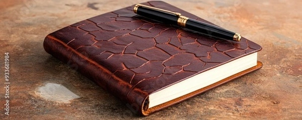 Fototapeta Cracked leather journal with a pen resting on top, placed on a rustic table, journal, reflection