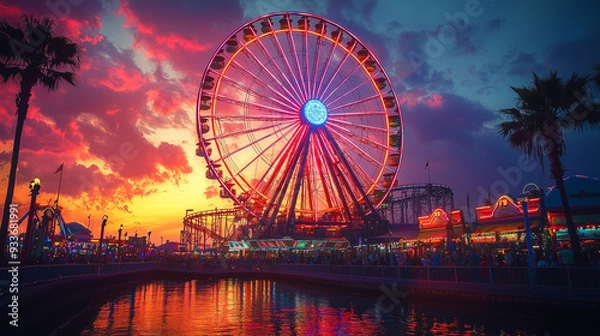 Fototapeta A vibrant and detailed image of a Ferris wheel at a theme park, captured during sunset with vivid colors and lights illuminating the wheel.