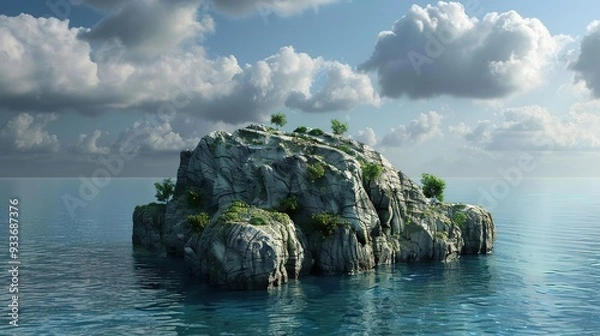 Fototapeta Rocky Island in the Ocean with Blue Water and Cloudy Sky - 3D Illustration