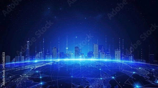 Fototapeta Stunning Blue Gradient Background with City Skyline on Earth’s Horizon, Night Sky, and Digital Technology Elements in High-Resolution Vector Illustration of Global Network and Urban Development