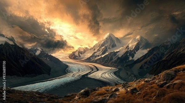 Fototapeta A panoramic view of Mt. Cook and its surrounding glaciers, with the rugged landscape and dramatic skies overhead.