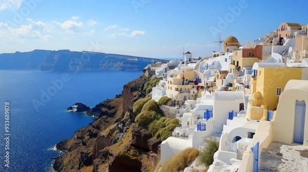 Fototapeta A panoramic view of the white-washed buildings of Oia, Santorini, cascading down the cliffside toward the deep blue waters of the sea.