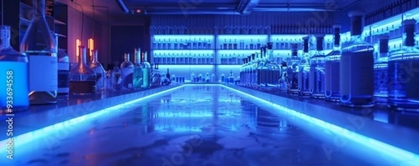 Fototapeta Modern Bar with Neon Blue Lighting and Bottles on Shelves Creating a Futuristic Atmosphere