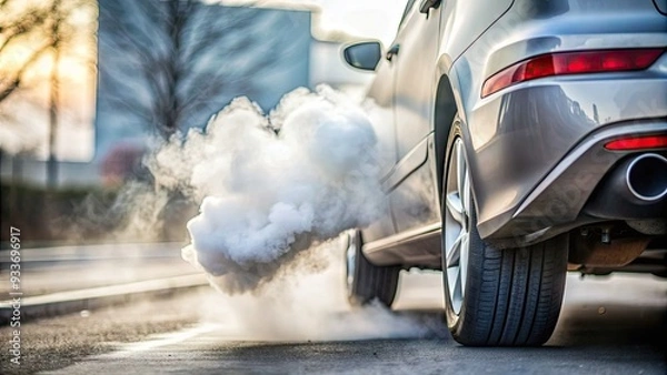 Fototapeta Rear view of a speeding car emitting thick white smoke from the exhaust pipe, blurring the background on a foggy day with soft focus.
