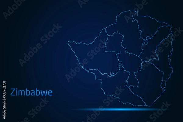 Fototapeta Abstract High Detailed Glow Blue Map on Dark Background of Map of Zimbabwe symbol for your web site design map logo, app, Travel. Vector illustration eps 10.	
