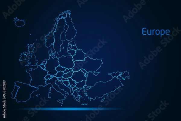 Obraz Abstract High Detailed Glow Blue Map on Dark Background of Map of Europe symbol for your web site design map logo, app, Travel. Vector illustration eps 10.	
