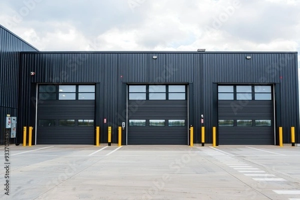 Obraz Modern black garage with three large doors and safety bollards on a cloudy day, ideal for industrial or commercial use.