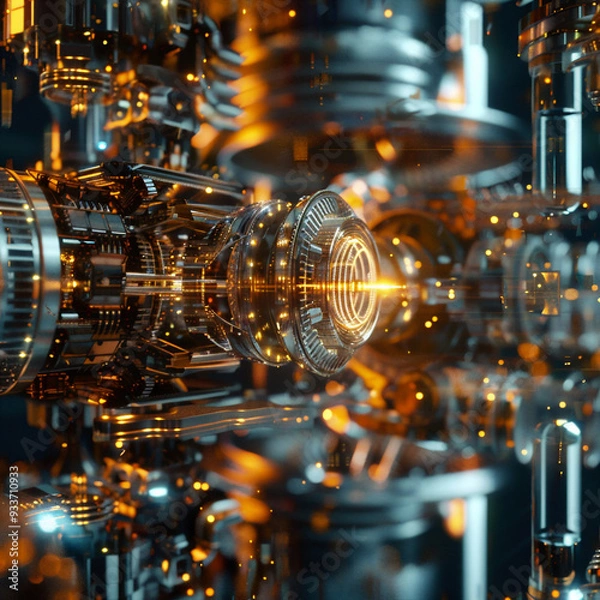 Fototapeta Futuristic quantum computing system with glowing circuits, complex connections, and data flows. Advanced technology visualization, representing quantum mechanics and high-performance computation.