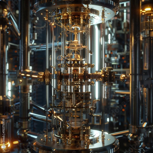 Fototapeta Futuristic quantum computing system with glowing circuits, complex connections, and data flows. Advanced technology visualization, representing quantum mechanics and high-performance computation.