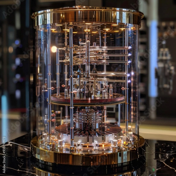 Fototapeta Futuristic quantum computing system with glowing circuits, complex connections, and data flows. Advanced technology visualization, representing quantum mechanics and high-performance computation.