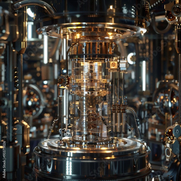 Fototapeta Futuristic quantum computing system with glowing circuits, complex connections, and data flows. Advanced technology visualization, representing quantum mechanics and high-performance computation.