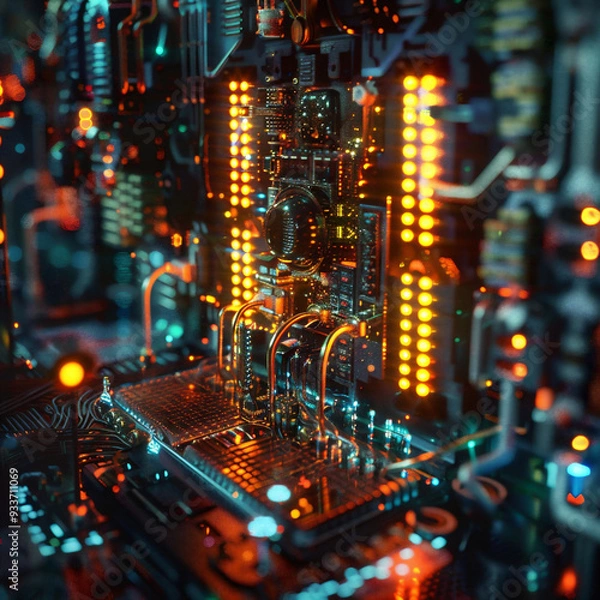Fototapeta Futuristic quantum computing system with glowing circuits, complex connections, and data flows. Advanced technology visualization, representing quantum mechanics and high-performance computation.
