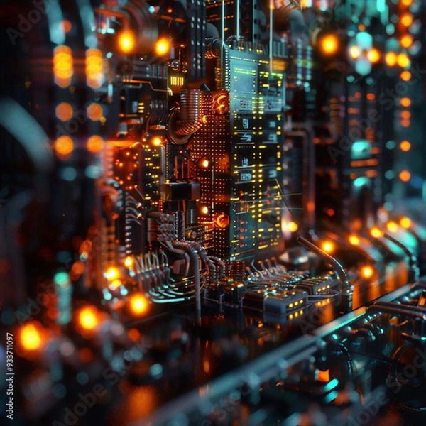 Fototapeta Futuristic quantum computing system with glowing circuits, complex connections, and data flows. Advanced technology visualization, representing quantum mechanics and high-performance computation.