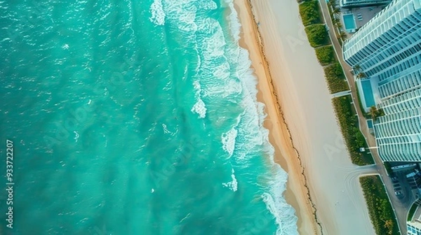 Fototapeta Drone view of Sunny Isles Beach, highlighting the contrast between the turquoise sea and the golden beach. 