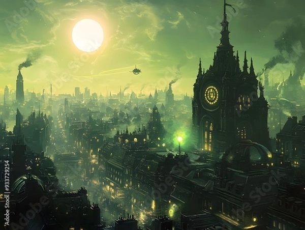 Obraz Nighttime cityscape with a Gothic castle and cathedral under a full moon, inspired by historic European landmarks like Prague and Vienna