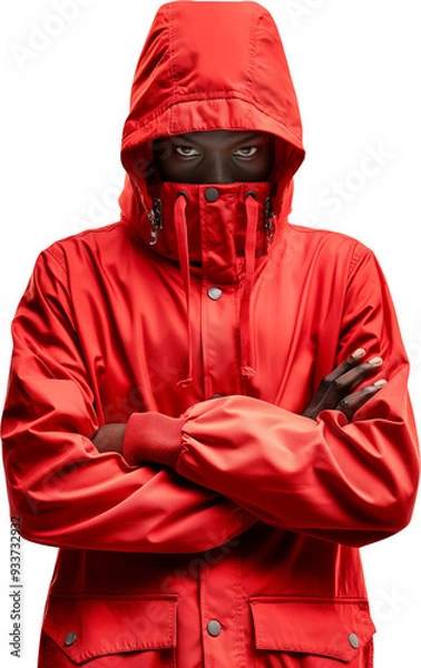 Obraz A mysterious person wearing a striking red hooded jacket with a high collar covering their face, staring intensely.  
