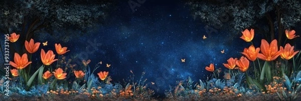 Fototapeta A mystical meadow of luminescent glass tulips under the stars in an enchanted forest of light