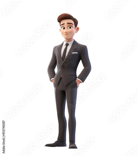 Fototapeta smiling businessman with open hands gesture. Cartoon happy businessman with welcoming hand gesture transparent background.