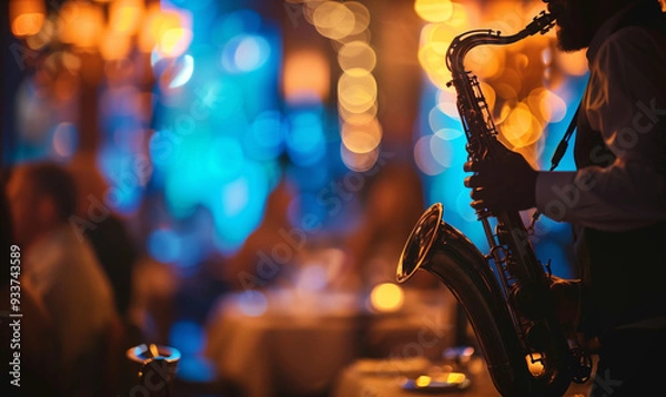 Fototapeta A saxophonist playing in a lively jazz club, with warm and cool bokeh lights creating a dynamic and atmospheric setting, capturing the essence of live music and vibrant nightlife