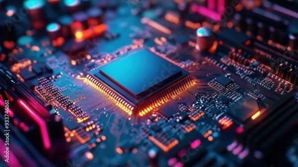 Fototapeta A close-up view of a modern microchip on a circuit board, showcasing vibrant colors and intricate electronic details.