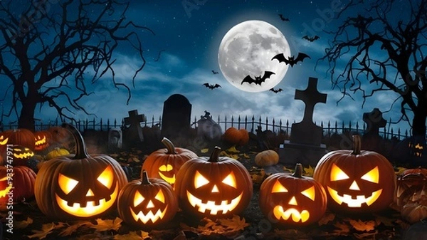 Fototapeta Tormented foundation with of pumpkins, a graveyard with blue sky and bats in a full moon. Halloween Concept.