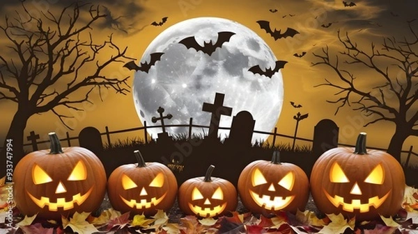 Obraz Tormented background with of pumpkins, a graveyard and bats in a full moon. Halloween festivities.