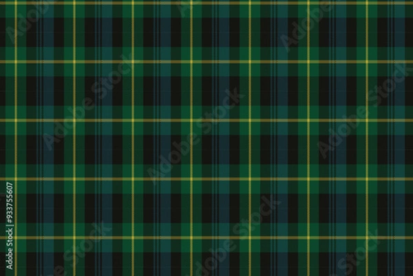 Fototapeta Plaid pattern with twill weave. Tartan check seamless pattern in black, green, and yellow. Vector illustration geometric background for fabric, paper, clothing, and home decor.