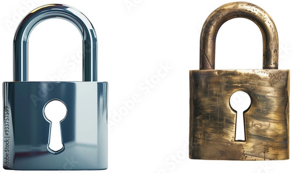 Fototapeta Security and Protection: A contrasting study of a modern, sleek lock and a vintage, weathered lock. This image symbolizes the evolution of security systems, isolated on transparent background.