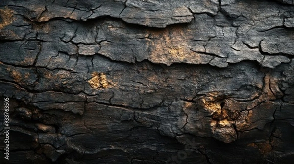 Fototapeta A close-up photo of a rough textured stone wall with golden highlights,