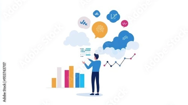 Fototapeta Illustration of a person analyzing data with graphs and charts in a cloud computing environment.