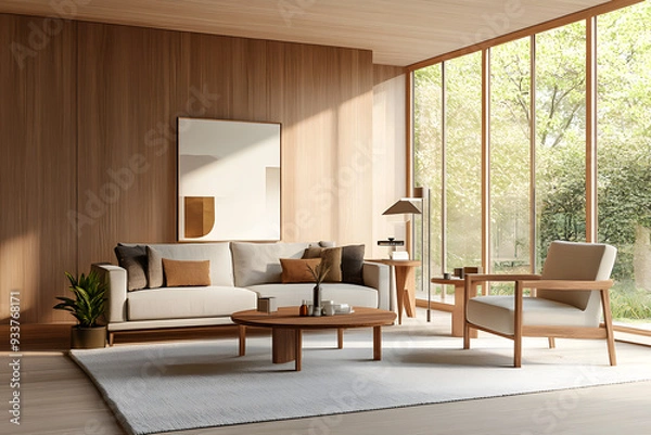 Fototapeta Modern minimalist living room with wooden accents, featuring a sleek sofa, wooden coffee table, floor lamp, armchair, and large windows allowing natural light. 3d render.