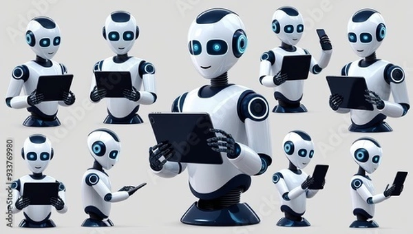 Obraz "Futuristic AI Robots Collection: Sleek, Modern Designs with Tablet Interactions (Transparent PNG)"