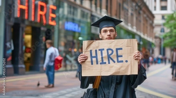 Fototapeta A man student wearing a graduation gown and a cap, young teenage standing on a city street and holding up a sign with text "HIRE ME." Looking for a job with a degree, career after college. 
