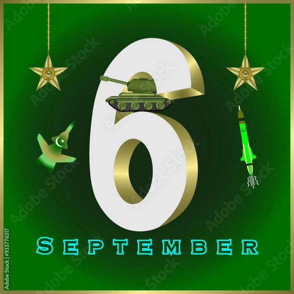 Fototapeta Defense day of Pakistan, 6 September, tank, missile, jet, Nishan e Haider means in English (mark of the lion), Digit 6, social media post, banner, vector file,