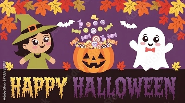Fototapeta Cheerful Halloween flag. Animation witch, kawaii phantom and desserts pail. October party or harvest time occasion merry vector level flag, fall season repulsiveness banner. Halloween Concept.