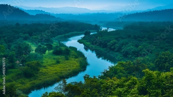 Fototapeta A river running through a lush green forest