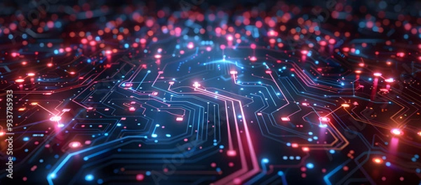 Fototapeta Abstract circuit board design with glowing connections and a dark gradient background. This modern and intricate backdrop is perfect for tech presentations or digital innovations