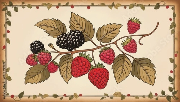 Fototapeta "Vintage Berry Branch Illustration: Retro Outline with Blackberries, Strawberries, and Raspberries in Sepia Tones (Vector Art)"