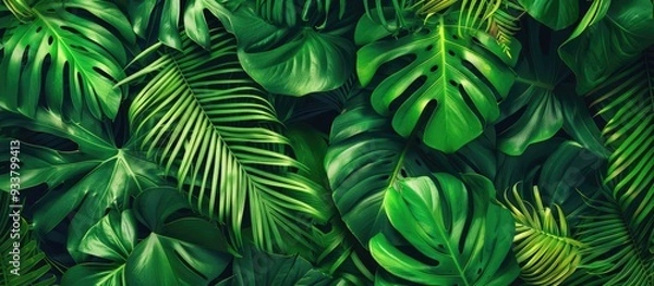 Fototapeta Tropical plants create an abstract forest pattern with leaves in a seamless design, set against a green background, perfect for use on various media like menus, booklets, banners, and websites as a