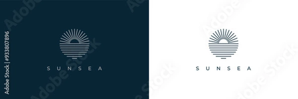 Fototapeta Abstract Sun and Sea Logo Image. Circular Sun And Water Symbol Stripped Lines Style Isolated On Dual Background. Flat Vector Logo Design Template Element Usable For Nature And Branding Logos.