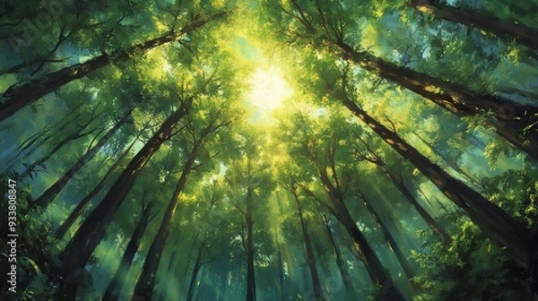 Fototapeta A vibrant painting of forest scene viewed from below, with tall trees reaching towards a bright light filtering through lush, green foliage