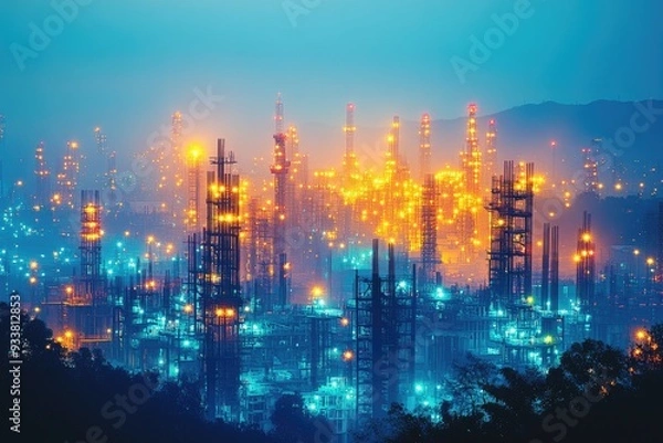 Obraz Illuminated Industrial Cityscape at Dusk