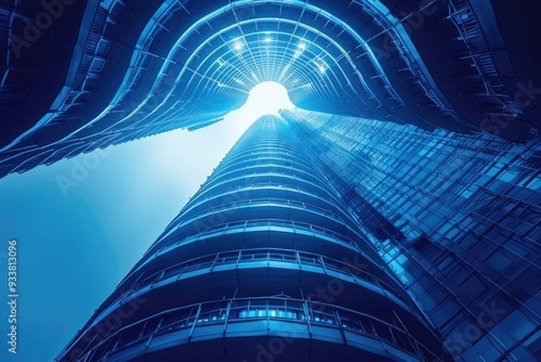 Fototapeta Low Angle View of Modern Glass Skyscraper with Balconies