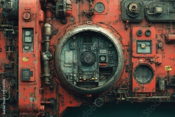 Fototapeta Rusty and weathered metal surface with a circular hatch and various industrial details